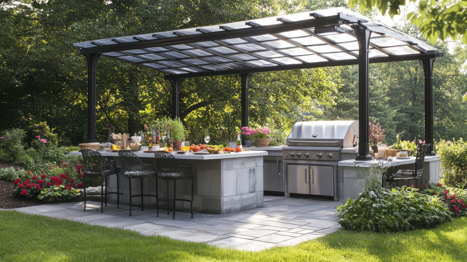 Moderne Outdoor-Küche mit Überdachung und Sitzbereich im Garten | Sonnenschutz Markisen